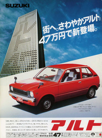 1979年、初代「アルト」発売当初の広告。構図にあるビルは当時日本一の高さを誇った東京・池袋のサンシャイン60。テレビCMでは、ビルの窓を電光掲示板に見立てて「アルト47」の文字を描いた。
