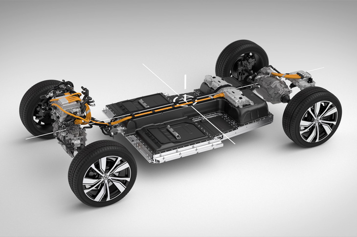 フロアにバッテリーが敷き詰められたEV「XC40リチャージ」のベアシャシー。WLTCモードで400kmの航続距離をうたう。