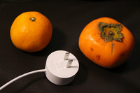 電源プラグは、この大きさ（写真下）。巨大というほどではないが、状況によってはまわりの電源アウトレットをふさいでしまう。