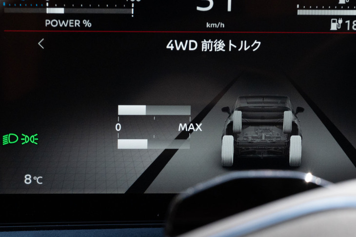 「e-4ORCE」では前後2基のモーターにより、常に前後輪に適当な駆動力を配分。ブレーキ制御によるベクタリングとも相まって、高いコーナリング性能を実現する。