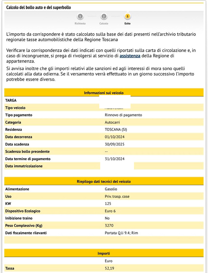 イタリア自動車クラブ（ACI）ウェブサイトの自動車税計算ページをキャプチャー。知人が乗る「フォード・レンジャー」の場合、税額は年間わずか52.19ユーロである。