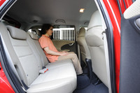 後席に座ってみたところ。3座すべてにヘッドレストと3点式のシートベルトが備わる。