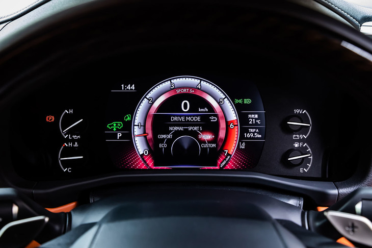 8インチサイズの液晶ディスプレイとアナログの油温計／水温計／電圧計／燃料計を組み合わせた「LX600“エグゼクティブ”」のメーターパネル。「ECO／COMFORT／NORMAL／SPORT S／SPORT S＋／CUSTOM」の各ドライブモードの選択によってデザインやカラーが切り替わる。写真はSPORT S＋選択時の様子。