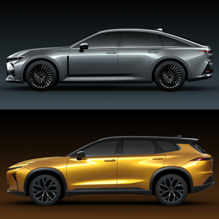 「クラウン セダン」（上）と「クラウン エステート」（下）のサイドビュー。ボディーに映る陰影の様子から、フェンダーのふくらみが全く異なっていることがわかる。