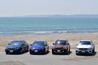 最新ディーゼル車4台をイッキ乗り！ 左から「メルセデス・ベンツSクラス」「プジョー308SW」「MINIクロスオーバー」「メルセデス・ベンツGLCクーペ」。