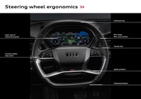 2021年4月にデビューした「アウディQ4 e-tron」のステリングホイール。アウディが「単なる操舵の道具ではなく、ハイテクなコマンドセンター」と言うように、スポーク部には多くのタッチセンサー式スイッチが配置されている。