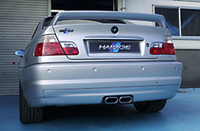 リアスポイラーと、センターにまとめられた2本のマフラーが印象的。