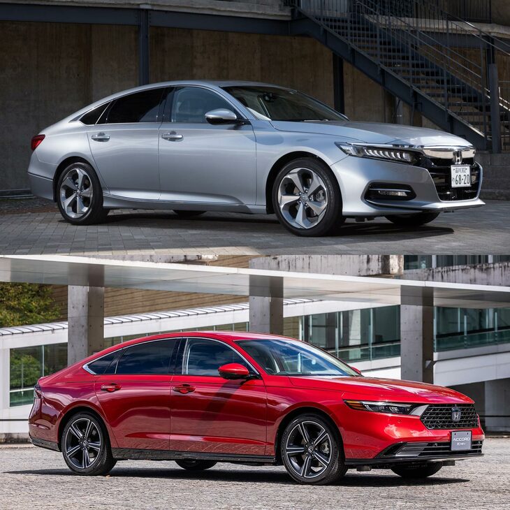 似たようなフォルムの10代目（上）と11代目（下）だが、ディテールを見ると、フロントマスクの意匠やキャラクターラインの凹凸の強さ、Cピラーに見るウィンドウモールの処理など、10代目のほうが端々でコテコテとしている。ぱっと見の印象も、大きく異なる。（写真：郡大二郎＜上＞／花村英典＜下＞）