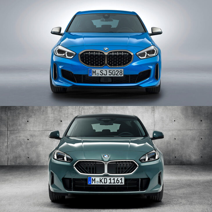 新旧「1シリーズ」の三面図。まずはフロントから。