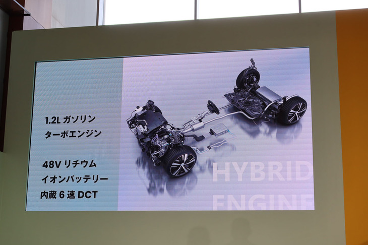 パワートレインは、最高出力101PS/4264rpm、最大トルク205N・m/1750rpmの1.2リッター3気筒ターボエンジンに20PS/4264rpm、51N・m/750-2499rpmのモーター内蔵式6段AT（DCT）を組み合わせたマイルドハイブリッドとなる。写真は、発表会のスライド資料。