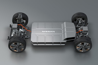 2019年の東京モーターショーで発表された「アリア コンセプト」のプラットフォーム。量産モデルの90kWh仕様でも、これと同じように後席下のみバッテリーが二重に積まれている。