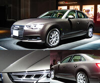 5代目「アウディA4」の日本発表会（2016年2月）より、ボディー各所のプレスライン。ボディーサイドのシャープなラインは、2020年10月のマイナーチェンジで前後に分断。ドアパネルにはアウターハンドルをつなぐかたちでラインが追加された。