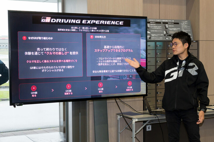 「GRドライビングエクスペリエンス」の立て付けを説明するGAZOO Racingのスタッフ。受講料は級に応じて3万8000円から12万8000円。「GR2級」「GR1級」の受講料には、車両のレンタル代やタイヤ代、燃料代も含まれる。