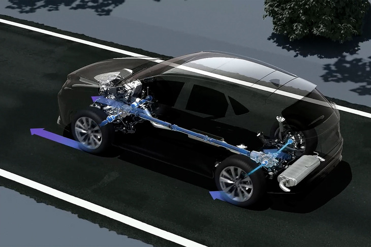 「NX350」の駆動システムは、後輪にも常時駆動力を配分するフルタイム4WDで、前後駆動力配分を75：25から50：50の間で制御。高い接地感とリニアなステアリングフィールを追求している。