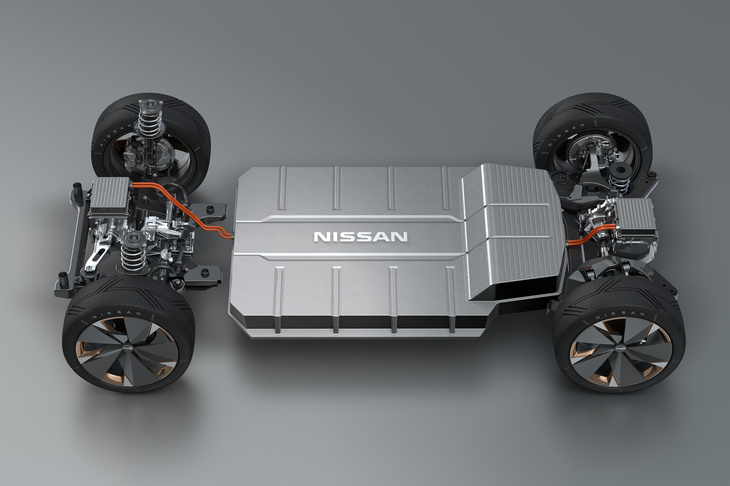 2019年の東京モーターショーで発表された「アリア コンセプト」のプラットフォーム。量産モデルの90kWh仕様でも、これと同じように後席下のみバッテリーが二重に積まれている。