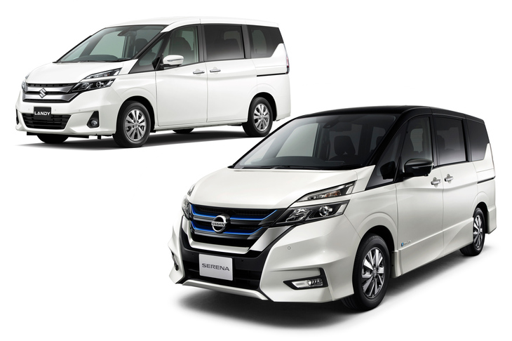 Vモーショングリルが備わる「日産セレナ」（右）と、同グリルが備わらないOEM車「スズキ・ランディ」（左）の比較。
	ほった：「……セレナって、Vモーショングリルがなくても結構成立するデザインなんですね」
	永福：「それ以上いけない」