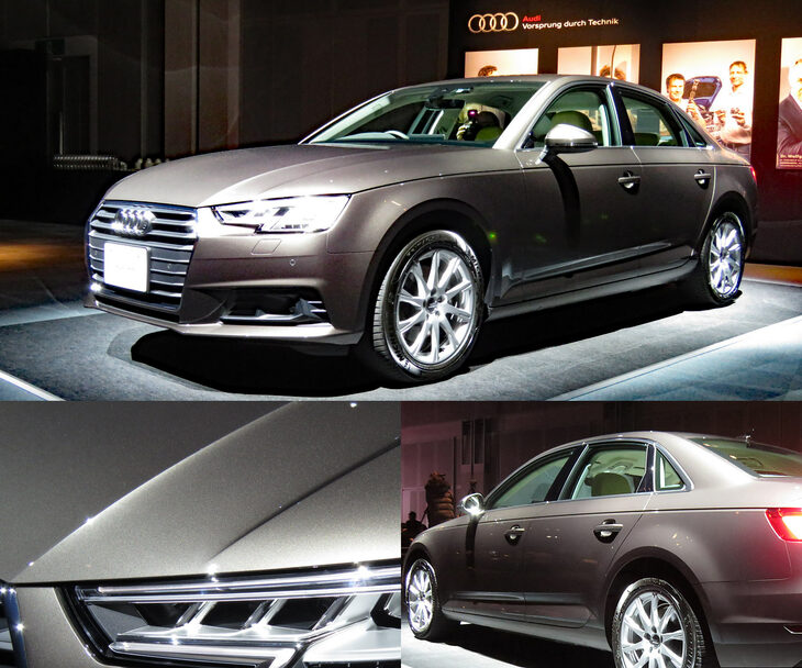 5代目「アウディA4」の日本発表会（2016年2月）より、ボディー各所のプレスライン。ボディーサイドのシャープなラインは、2020年10月のマイナーチェンジで前後に分断。ドアパネルにはアウターハンドルをつなぐかたちでラインが追加された。