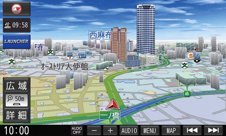 3D表示で走行すれば高層ビルなどがくっきりと浮かび上がり、実物さながらの世界が目の前に展開される。