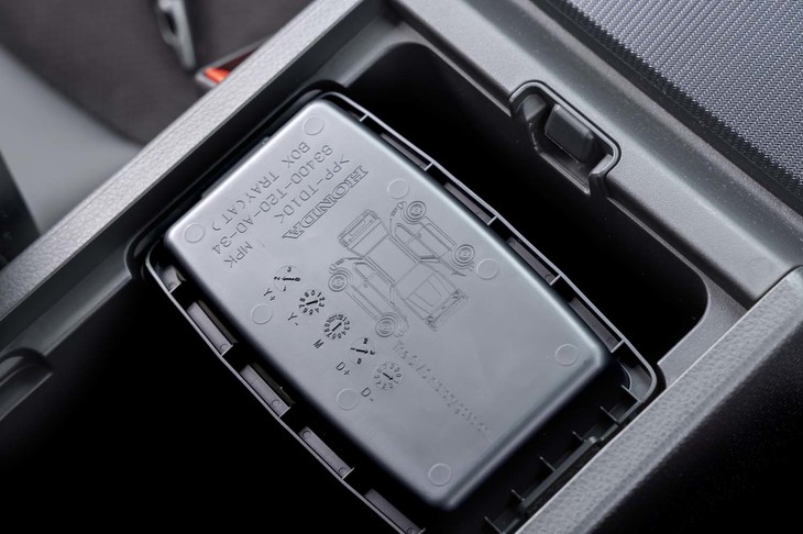 コンソールボックス内にあるサングラス用トレーを裏返したところ。初代「シビック」のペーパークラフトの図面（？）とともに「The CIVIC history goes on…」と刻まれている。