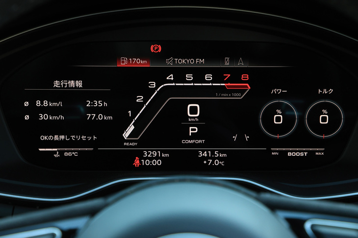 フルデジタルメーターの「アウディバーチャルコックピット」には、ブースト計やパワー／トルクメーターなども表示される、「RS」モデル専用の画面レイアウトも用意される。