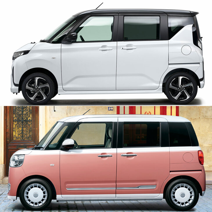 現行型の7代目「ムーヴ」（上）と2代目「ムーヴ キャンバス」（下）の比較。Aピラーの傾きやリアゲートの傾斜、ガラスエリアの切り欠きなどに注目。