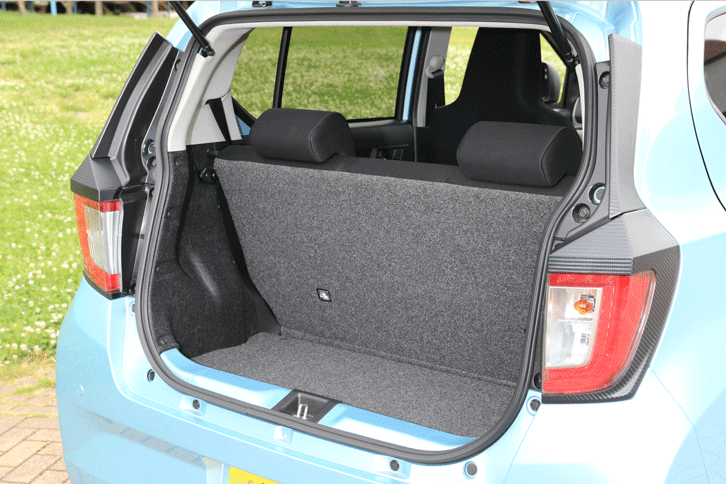 リアシートの格納は全グレード共通で一体可倒式。ヘッドレストは「G“SA III”」「X“SA III”」のみ標準で、その他のグレードではオプション扱いとなる。（写真をクリックすると、シートが倒れる様子が見られます）