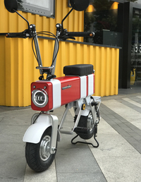 直方体のボディーにタイヤを付けただけのような、シンプルデザインが持ち味。ハンドルを畳めば、クルマの荷室にも積み込みやすい。