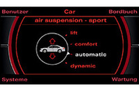 
	MMIに表示された、サスペンションモード選択のイメージ。ダイヤルを回してモードを選び、同じくダイヤルを押せば選択される。画面四隅に示された機能に、4つのコントロールキーが対応する。
	 