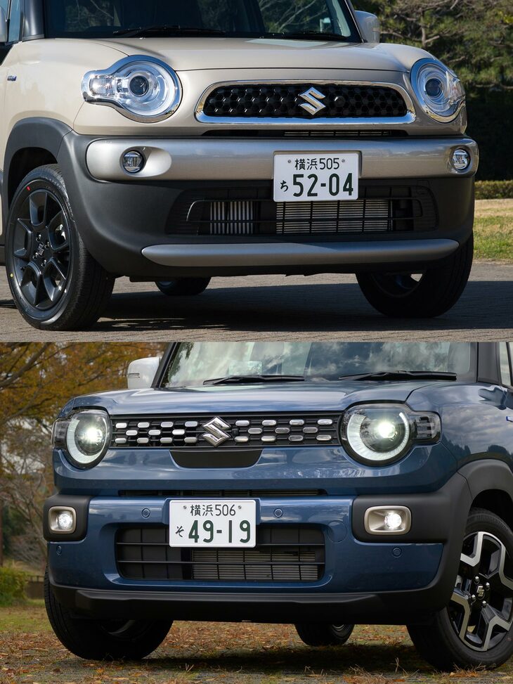 初期型（上）とマイナーチェンジモデル（下）のフロントマスク。前者は全体に丸みがあり、中央のグリルがやや前に突き出た意匠となっていたが、後者ではヘッドランプの峰がやや角張った形となり、また顔まわりの面がフラットになった。（写真：向後一宏）