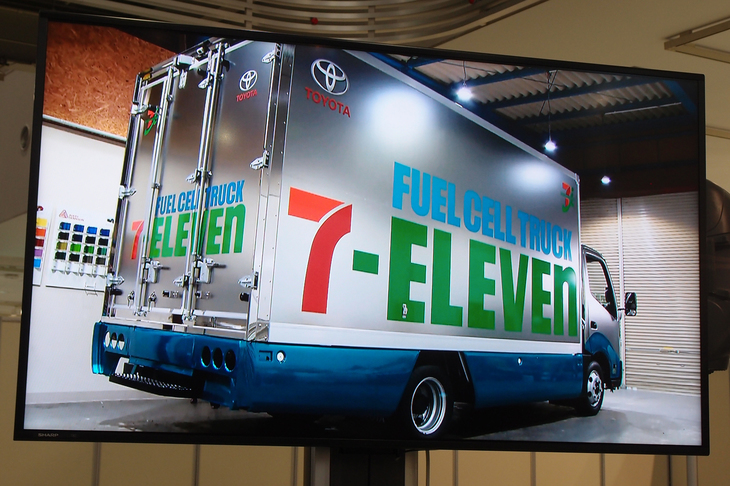 燃料電池トラックのイメージ。実際の配送作業では、1台あたり、1日7店舗（トータル約200km）を巡回。約7kgの水素を消費する。