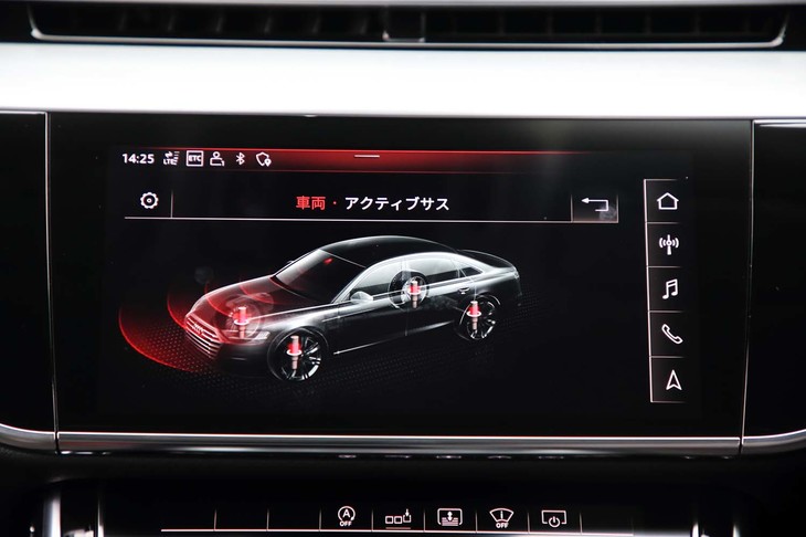 
	「A8」のさまざまな先進装備の中でも注目されるのが、かつてない姿勢制御を可能とする「プレディクティブ・アクティブサスペンション」。制御レベルは強・弱・オフから選べる。
	