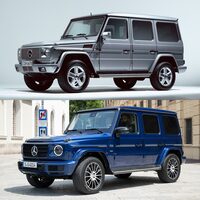 1989年から2018年まで生産された先代「Gクラス」（上）と、現行型Gクラス（下）。全体のフォルムは共通だが、新型は各部の角をラウンドさせた、やや柔らかい意匠となっている。