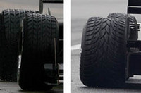 ブリヂストンは新しいレインタイヤをテストに投入。左が旧パターン、右が新パターンだ。