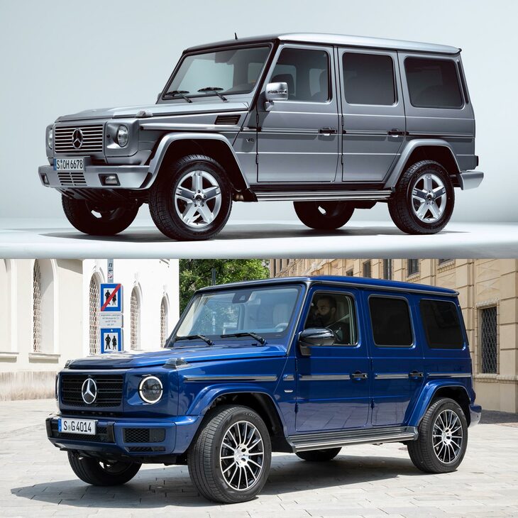 1989年から2018年まで生産された先代「Gクラス」（上）と、現行型Gクラス（下）。全体のフォルムは共通だが、新型は各部の角をラウンドさせた、やや柔らかい意匠となっている。