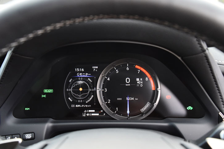 “Fスポーツ”では、計器盤も専用デザインのTFT液晶メーターとなる。