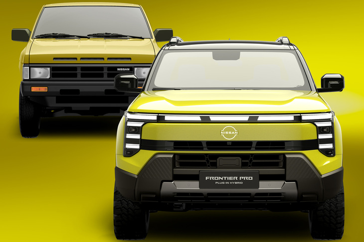 「日産フロンティアプロ」のフロントグリル上部に並ぶLEDランプは、1980年代のD21型「ダットサントラック」へのオマージュ。