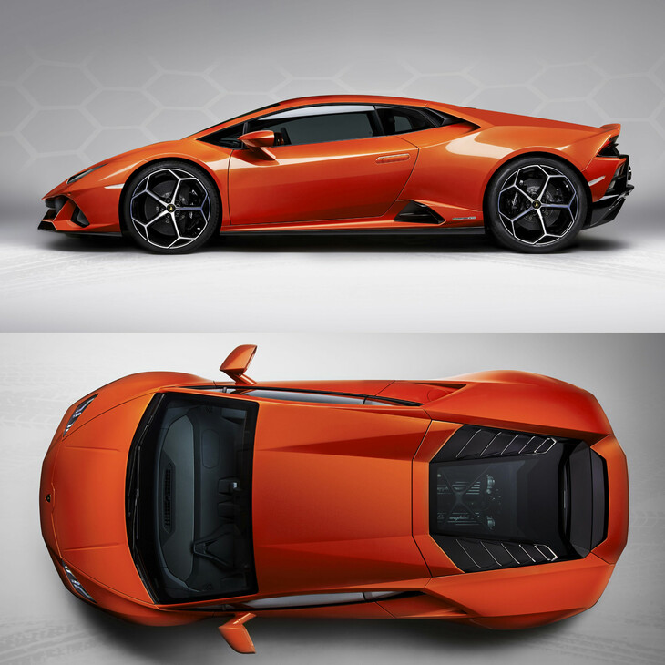 「ウラカン」（後期モデルの「ウラカンEVO」）のサイドビューとプランビュー。