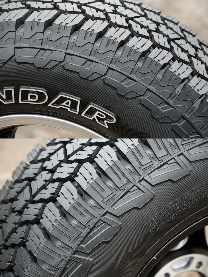 耐傷性や悪路走破性を高めるサイドブロックは、セリアル側（上）と反セリアル側（下）とで異なるデザインとなっており、1本で（厳密には4本だが）2つのデザインを楽しめる。