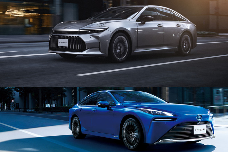 新型「クラウン セダン」（上）と「ミライ」（下）は、どちらも後輪駆動ベースの「GA-L」プラットフォームを使う兄弟車だ。