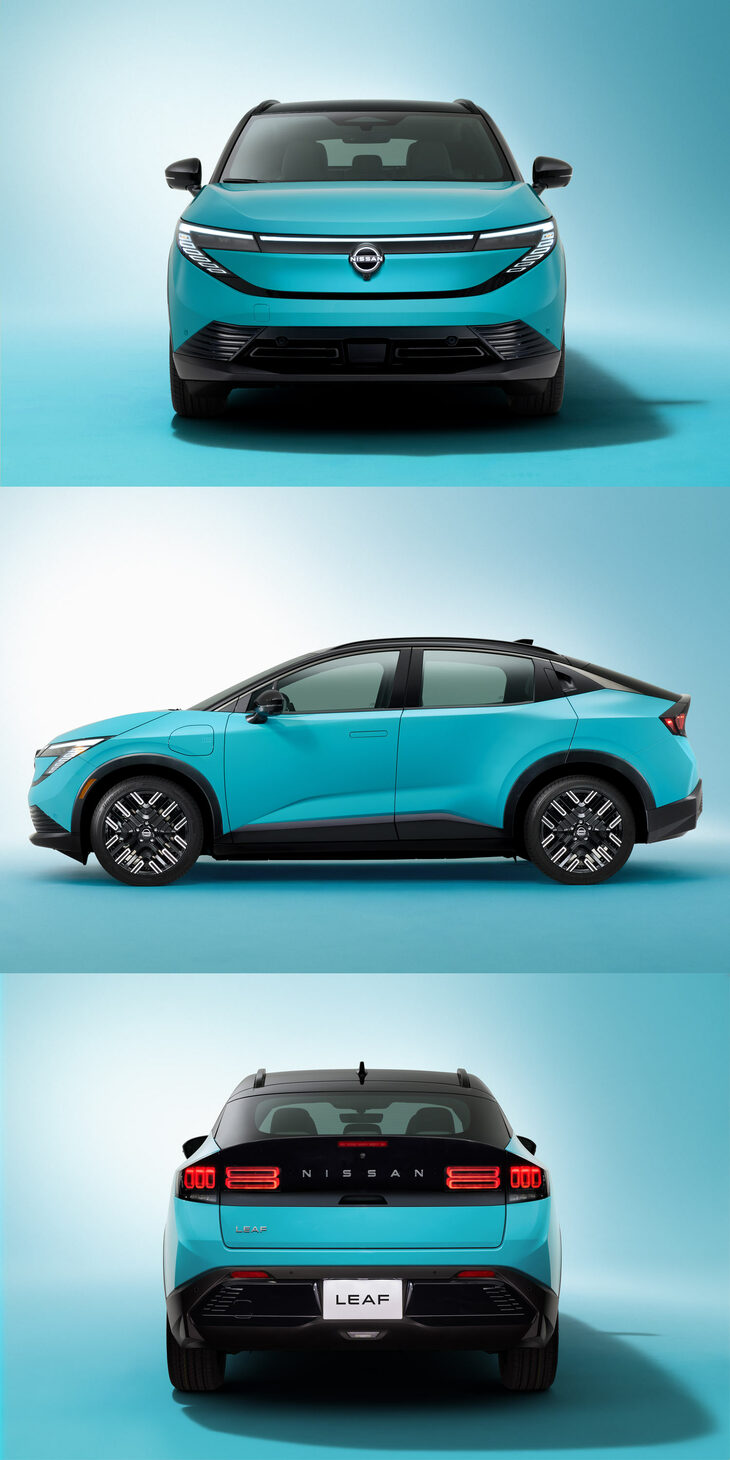 新型「リーフ」の三面図。Cd値は0.26と、クロスオーバー車としては空気抵抗をかなり低く抑えている。