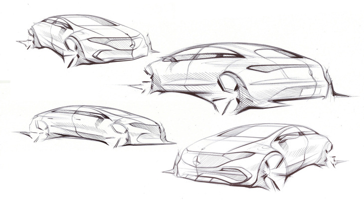 「EQS」のデザインスケッチ。　
	ほった「スケッチだと、かなりスタンスを意識しているように感じられるんですけどねぇ」　
	清水「いや。世のカーデザイナーさんは基本的に、スケッチではどんなクルマもスタンスよく描くものなんだよ」