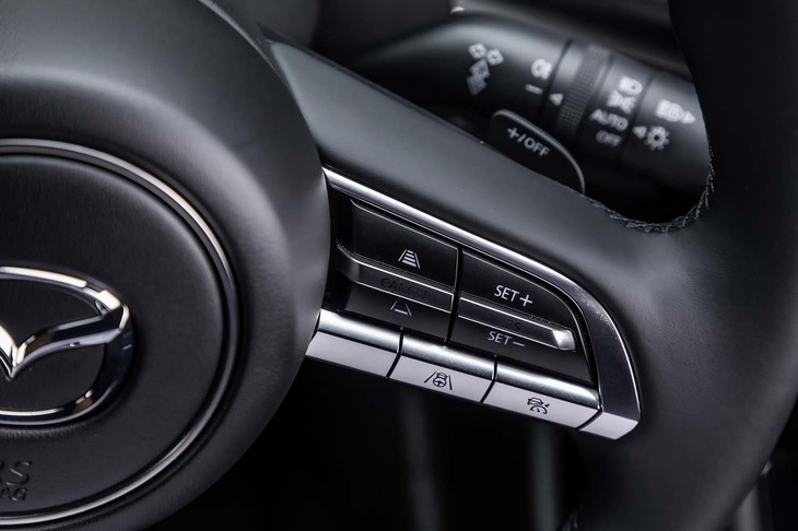 ACCのコントロールスイッチはステアリングホイール右側に集中配置されている。スイッチは大きく、いったん場所を覚えてしまえばブラインド操作も可能になりそうだ。