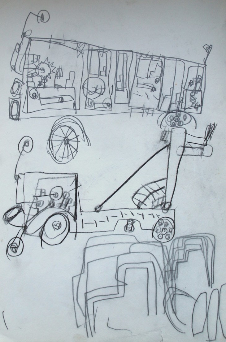 やや後年の作と思われるもの。他の幼児と同様、消防車やレッカー車等に興味を抱いていた形跡がある。