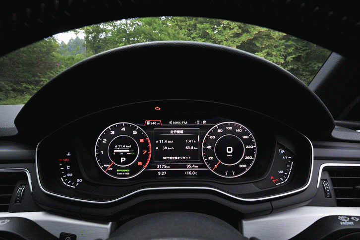 試乗車は「バーチャルコックピット」装着車。12.3インチの液晶パネルが、速度計、エンジン回転計、ナビゲーション地図などをフレキシブルに表示する。（画像をクリックするとバリエーションが見られます）