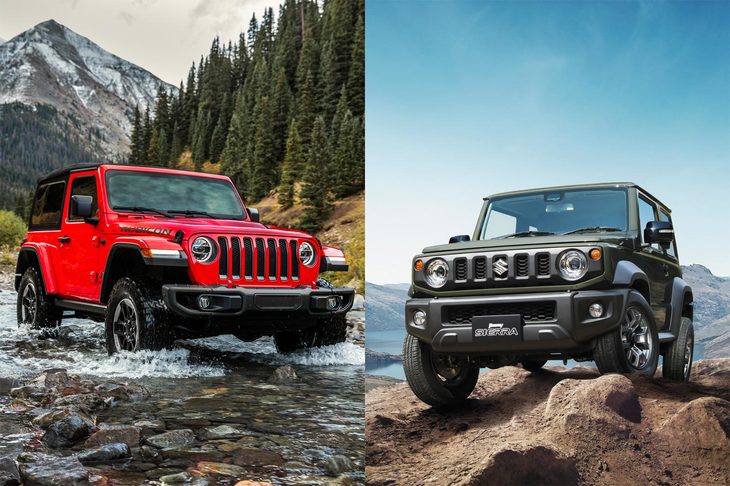 小型車バージョンの「ジムニーシエラ」ですら、新型「ジープ・ラングラー」（3ドア、本国仕様）と比べると、幅が23cm、ホイールベースが21cmも小さい。限られた寸法の中で、この存在感をかなえたデザイナーには、本当に拍手である。