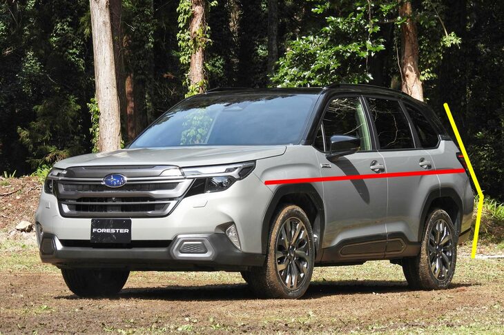 フロントクオータービューを見ると、ボディーサイドのピーク（赤線）とリアの張り出しのピーク（黄線）の高さが、いささかズレている。