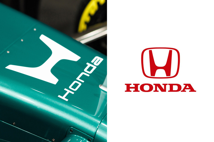 F1マシンに描かれる、新デザインの「H」マーク（左）。よく見ると、“H”の下のロゴも従来のもの（右）から変更されている。かつては企業ロゴの「HONDA」の文字が描かれていたのだが、電動四輪車などに用いられる「Honda」のロゴになっているのだ。