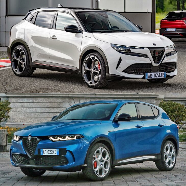 似たような画角での、「ジュニア」（上）と「トナーレ」（下）のフロントクオータービューの比較。　
	ほった「これは、ボディーの下の腰高感も、トナーレのオーバーハングを長く見せている原因かもしれませんね」