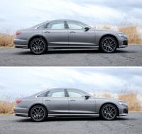 サスペンションの調節機構により乗降性を高める機能も備わる。写真は下が標準の状態で、上が車高を上げて乗り降りをしやすくした状態。