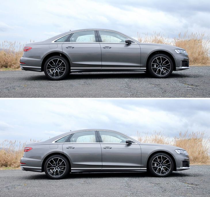 サスペンションの調節機構により乗降性を高める機能も備わる。写真は下が標準の状態で、上が車高を上げて乗り降りをしやすくした状態。